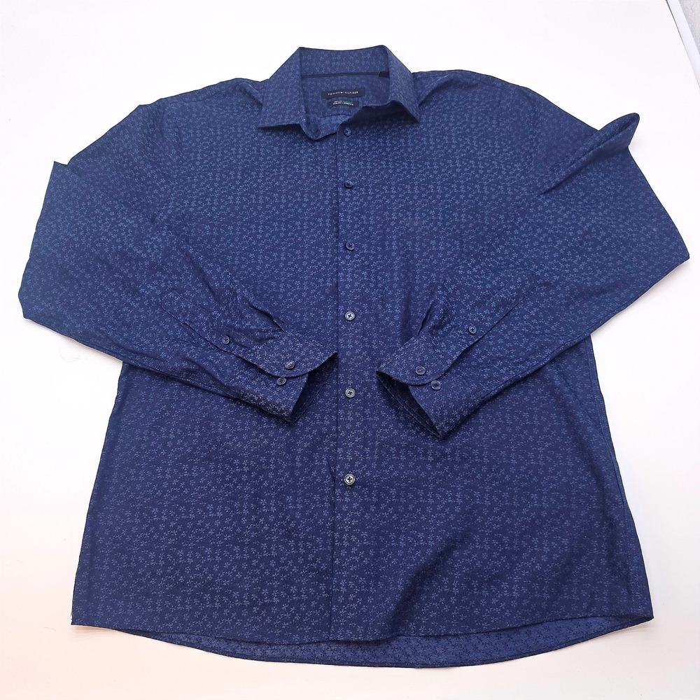Tommy Hilfiger Men's Slim Fit Stretch Button Down Dress Shirt Blue Floral Size L